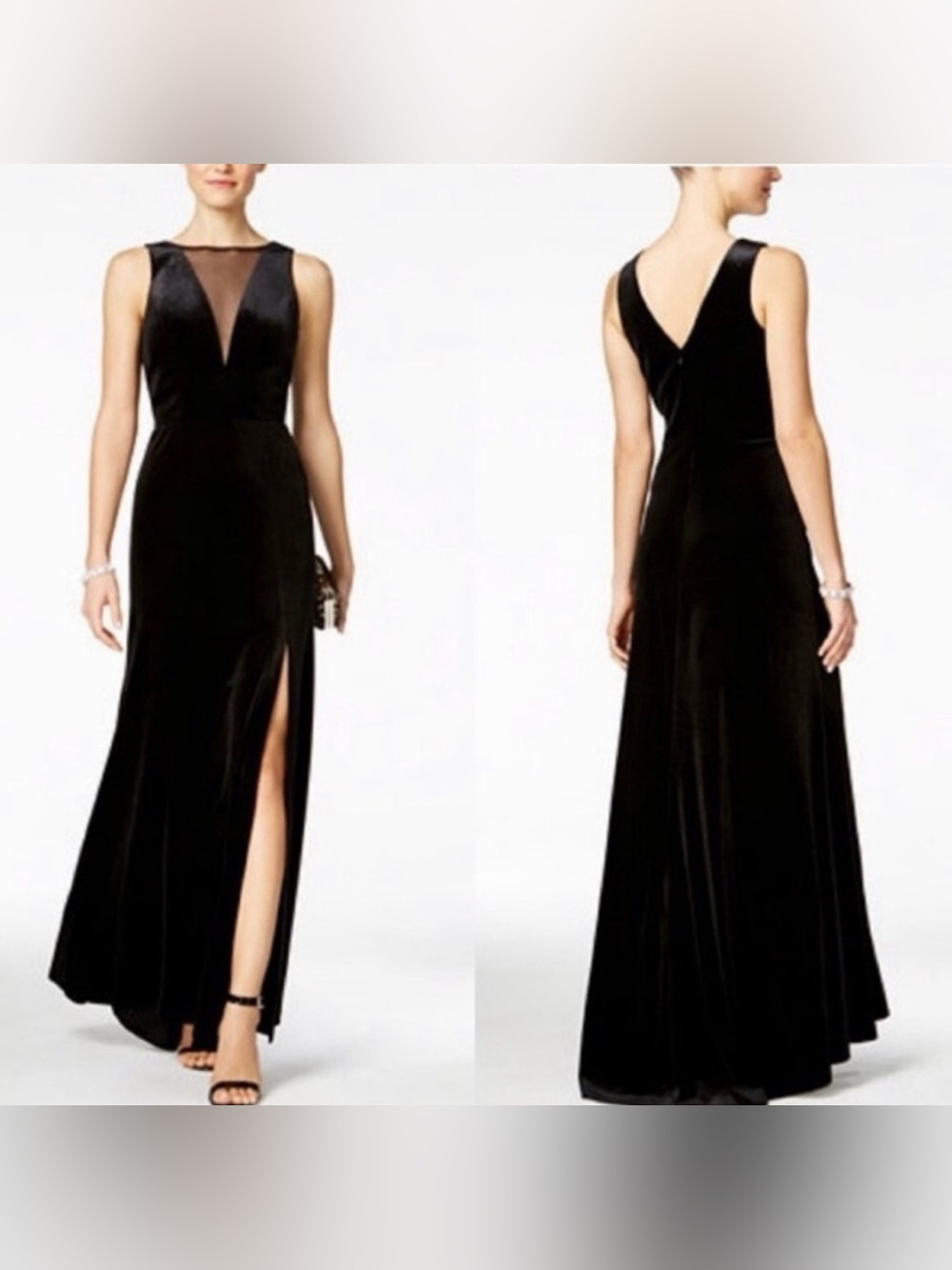 Nightway Black Velvet Plunging Illusion Neck Gown